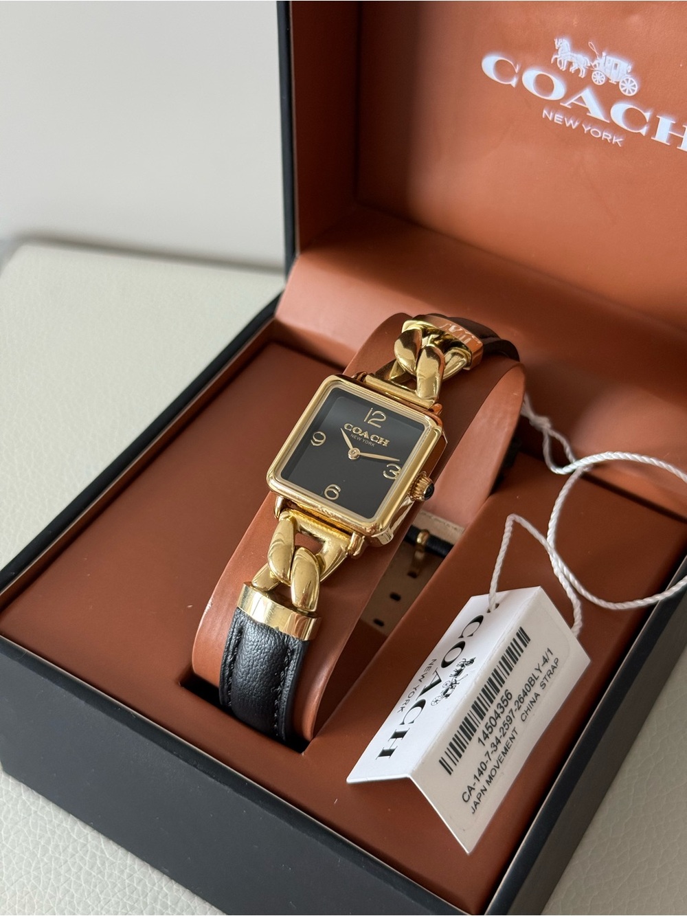 Coach Women's Black and Gold Chain-Link Leather Strap Watch